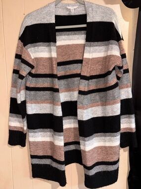 Time and Tru Open-Front Striped Cardigan in Black, Gray & Brown